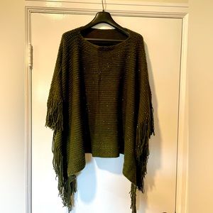 Forrest Green Sparkle and Fringe Sweater Poncho